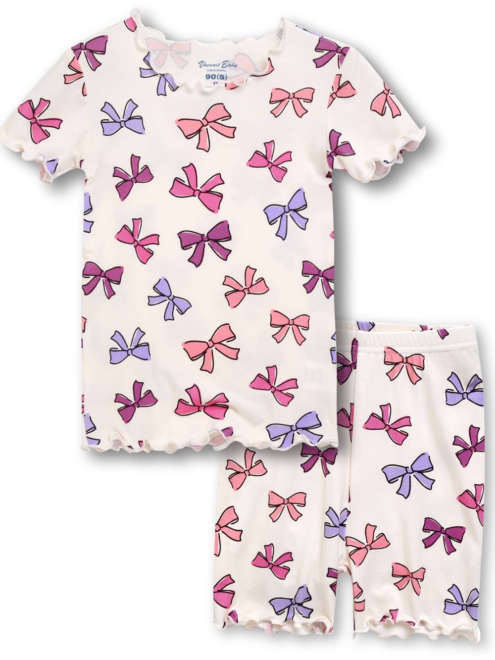Girls Cream Bow Print Short Sleeve Pajama Set 3T 6-7